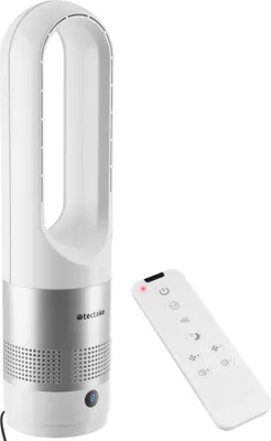 A white tower fan with a silver base and a remote control.