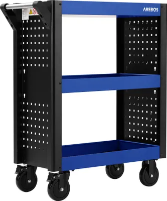 Produktbild von Wózek serwisowy AREBOS z 3 przegrodami | wózek warsztatowy | wózek narzędziowy | wózek do transportu i przechowywania | wózek uniwersalny | 18-częściowy zestaw haków | niebieski / czarny