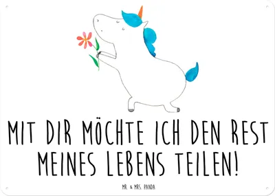 Produktbild von Mr. & Mrs. Panda tafel Einhorn Blume DIN A3 - Weiß - Geschenk, Türschild, Unicorn, Ehe, Schild, Metallbild, Blechschild, Ehepaar, Retro, Einhörner, Liebe