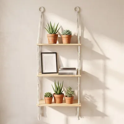 Immagine prodotto di Omgoods - Mensola da parete in legno a 3 livelli con corda e ganci, design rustico