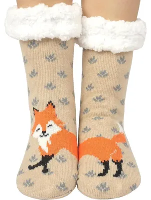 Produktbild von Kuschelsocken Damen 39-42 Fuchs Muster Thermo Hüttensocken mit Noppen
