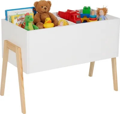 Produktbild von Relaxdays Kindertruhe, skandinavisch, HxBxT: 45x60x30 cm, MDF, für Bücher & Spielzeug, offene Spielzeugtruhe, weiß/natur