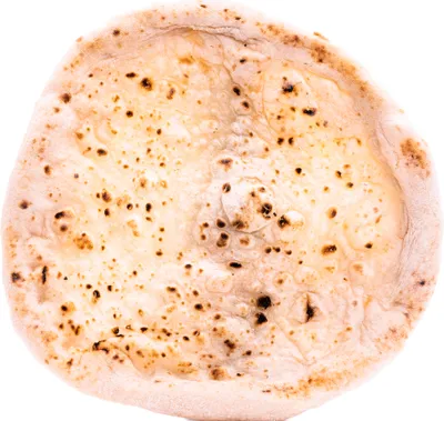 A top-down view of a single pizza base on a white background.