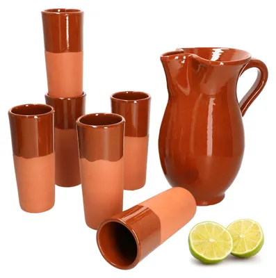 Obrázek produktu pro 7dílná sada 1x hliněný džbán 1,9L + 6x hliněné hrnky 300ml 6 osob Středomoří