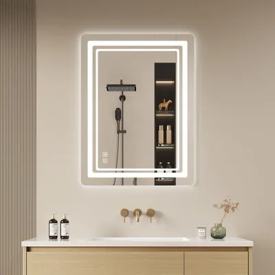LED-Badspiegel 70×50 cm, Touch-Schalter, 3 Lichtfarben, dimmbar, IP44