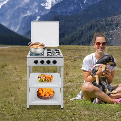 Produktbild von Notfallkocher - Outdoor Gaskocher mit 4 Brennern - Ablageboden - Erdgas/Flüssiggas - 49×49×79 cm - Eisen - 9 kg - Rot