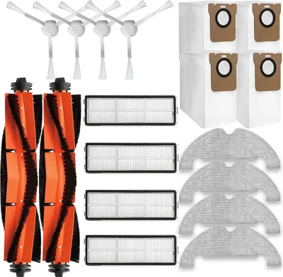 A collection of robot vacuum cleaner accessories laid out on a white background.