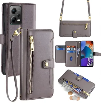 Produktbild von Handykette Xiaomi Hülle mit Band Handyhülle Kartenfächer Kunstleder Umhängetasche Redmi Note 12 5G / Poco X5 5G Grau