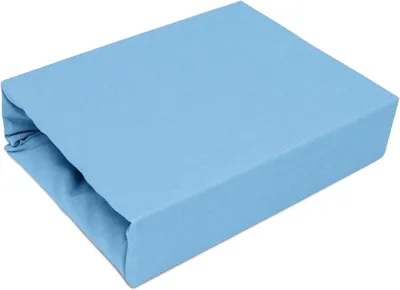 A folded blue fitted sheet on a white background.