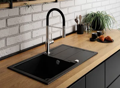 Produktbild von BADLAND Elza Set Spülbecken Granitspüle Einzelbecken mit langer Ablaufplatte Schwarz Armatur Spültischarmatur Siphon