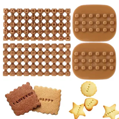 Produktbild von Set mit 100 Buchstaben- und Zahlen-Ausstechformen, Stempelpresse, Dekorationswerkzeugen für Fondant und anderem Backzubehör.