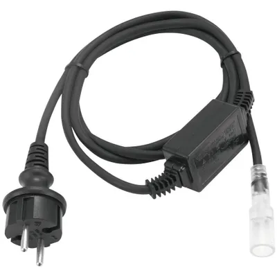 A black power cord with a European plug and a clear connector on a white background.