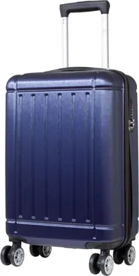 A blue polycarbonate hard-shell suitcase with four 360-degree wheels and a TSA lock, presented against a white background.