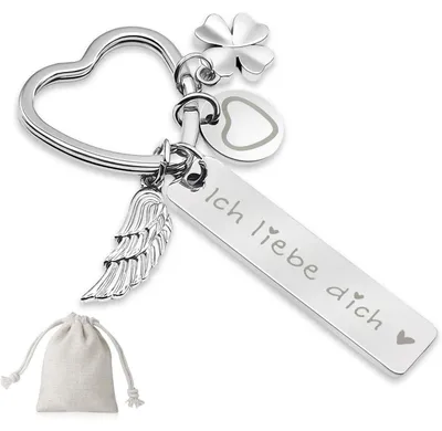 Produktbild von Herz Schlüsselanhänger mit Gravur "Ich liebe Dich" - Schutzengel Motiv - Silberfarben