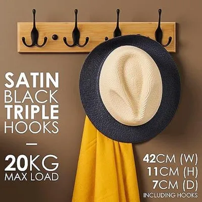 Productafbeelding van Famanu houten garderobe met 4 zwarte haken - 42 cm