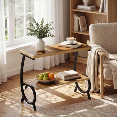Image de Tribesigns, table d'appoint à deux niveaux, avec pieds en métal en forme de "J", table d'appoint de style rustique pour canapé, en bois, pour le salon, couleur marron et noir