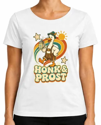 Immagine prodotto di Maglietta da donna "Honk & Prost", stile bavarese, con motivo "Gans Lederhose Bayern Bier Trachtenshirt Dirndl Wiesn", colore bianco, taglia XXL