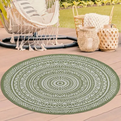 Imagen del producto de Alfombra redonda con un diseño étnico moderno en verde y blanco. Elegante y versátil, ideal para cualquier espacio. Tamaño: 160 cm de diámetro