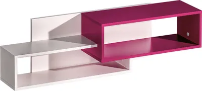 A modern, modular wall shelf unit with two sections, one white and one pink.