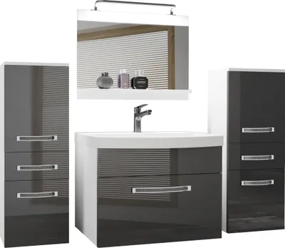 Produktbild von BELINI Badmöbel Vollausstattung Set Waschbeckenschrank, 2x kleiner Schrank, Waschbecken, Spiegel, Lampe (Grau, Glänzend)