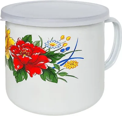 Produktbild von Emaille Kanne / Emaille Becher mit Deckel 1,0 L Ø12 cm – Trinkbecher Camping Outdoor