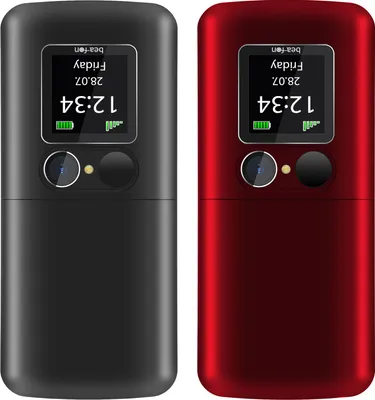 Two flip phones, one black and one red, are shown side-by-side against a white background.