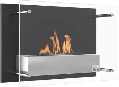 A modern wall-mounted bioethanol fireplace with flames burning.
