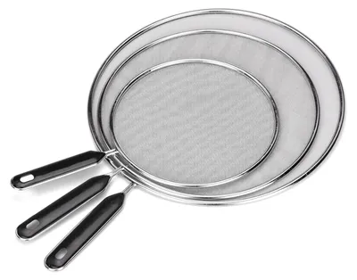 Produktbild von 3 Stück Spritzschutz Pfannen Edelstahl mit Handgriff, 25/29/33cm Durchmesser | Für Bratpfannen, Küchenschutz beim Braten