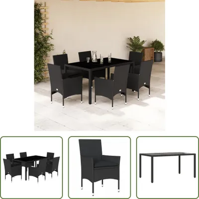 Produktbild von The Living Store 7-tlg. Garten-Essgruppe mit Kissen Schwarz Poly Rattan Glas