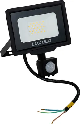 A black LED floodlight with a motion sensor, shown against a white background.