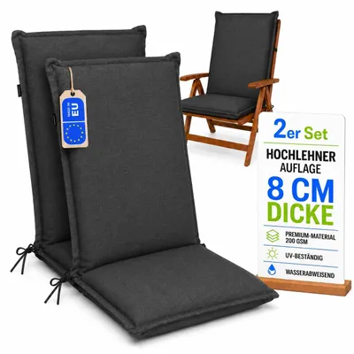 Produktbild von Pillows24 - 2x Hochlehner Auflagen 120x50x8 cm | Bequeme & Wetterfeste Gartenstuhlauflagen | Polster Sitzkissen für Gartenmöbel |  EU | Graphit
