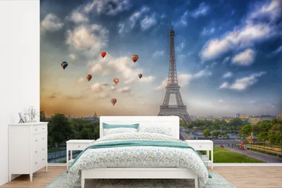 Produktbild von MuchoWow® Fototapete für Wohnzimmer oder Schlafzimmer Wandtapete Vinyl Motivtapete Der Eiffelturm mit Heißluftballons im Hintergrund über Paris - 450x300 cm - Gemusterte