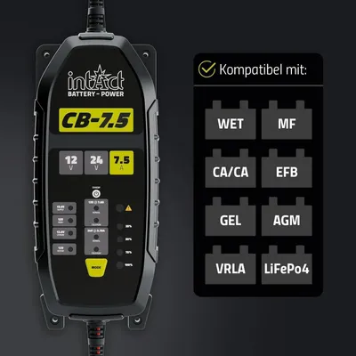 Obrázek produktu pro Nabíječka intAct ChargeBox pro startovací a servisní baterie, nabíječka s proudem 7,5 A pro 12V a 24V olověných a lithium-iontových baterií, s funkcí udržovacího nabíjení