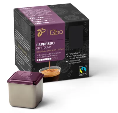 Produktbild von Tchibo Qbo Espresso Oro Tolima Premium Kaffeekapseln, 8 Stück (Espresso, Intensität 7/10, vollmundig mit Röstaromen), nachhaltig, aus 70% nachwachsenden Rohstoffen & klimaneutral kompensiert