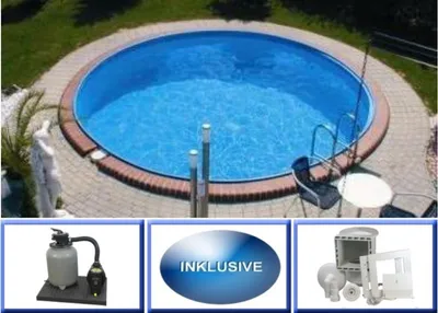 Produktbild von Stahlwandpool Set (6-teilig) hoch rund Borneo 500 x 120 cm, Stahl 0,6 mm weiß Folie 0,6 mm blau