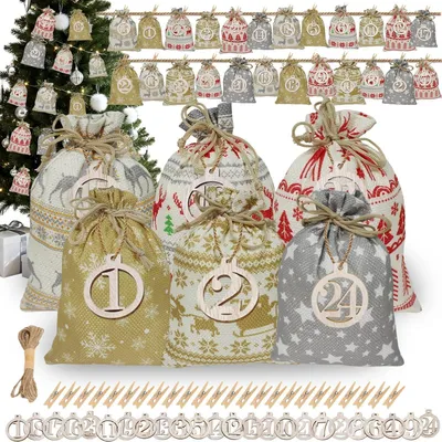 Produktbild von Adventskalender 24 Jutesäckchen zum Befüllen mit Holzzahlen für Kinder