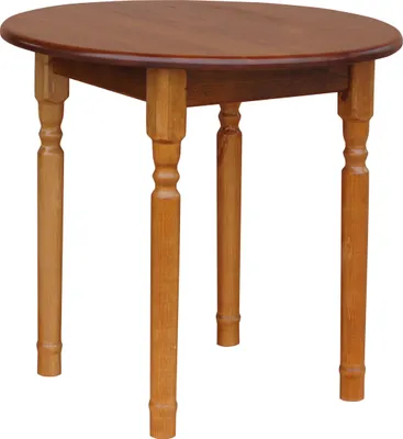 A round wooden table with four legs, shown from a slightly elevated angle against a white background.