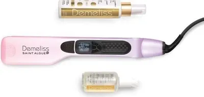 Obrázok produktu pre Parná žehlička na vlasy, SAINT ALGUE Demeliss TITANIUM DREAMS, titánové platničky, nepretržitý parný výstup, 5 stupňov nastavenia teploty, prémiová sada + starostlivosť