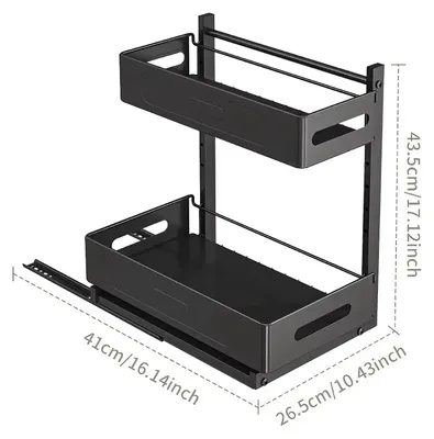 Image de Organisateur de placard de cuisine extensible - Étagère pour meuble bas - Panier en acier réglable, une étagère - Rangement étanche - Multifonctionnel - Modèle A, 1 pièce - Noir