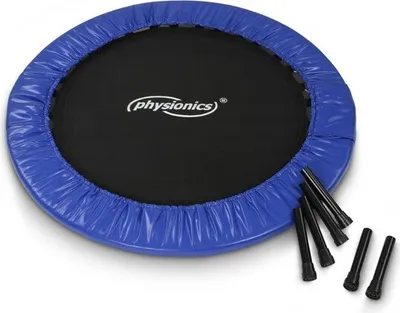 A round blue and black mini trampoline with a set of black legs on a white background.