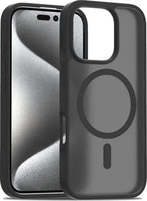 A black iPhone case with a MagSafe ring is shown next to an iPhone.