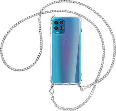 Produktbild von Handykette Backcover-Schutzhülle mit Band (Metall silberfarben) für Motorola Moto G100 - silberfarbene Kette