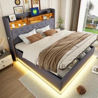 Immagine prodotto di Letto imbottito 180x200 cm con illuminazione a LED, porta USB e spazio contenitore ad apertura idraulica, rivestito in lino grigio, struttura in metallo per la camera da letto