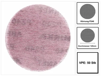 A round sanding disc is shown on a white background, with three smaller inset images providing details about its specifications.