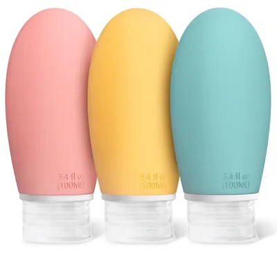 Zdjęcie produktu dla Zestaw silikonowych butelek podróżnych, 3 sztuki, pojemność 100 ml, szczelne, wielokrotnego użytku, kolor: niebieski, żółty, różowy