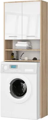 Obrázok produktu pre Skriňa na práčku – úložná skrinka – na usporiadanie priestoru – s poličkou – 64 x 180 x 30 cm – biela, imitácia dreva Sonoma