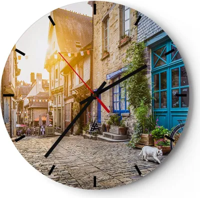 Produktbild von Wanduhr - Rund - Glasuhr - stadt straße katze - 30x30cm - Schleichendes Uhrwerk - Lautlos - zum Aufhängen bereit - Dekoration Modern - Wanddekoration aus Glas - C3AR30x30-3711