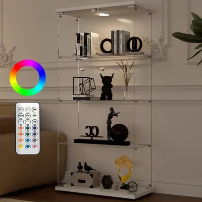 Productafbeelding van Witte displayvitrine met LED-verlichting, afmetingen 164x36,3x80,5 cm, voorzien van 4 glazen planken, 2 deuren van gehard glas en een slot