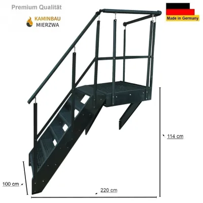 Produktbild von Podesttreppe Wangen- Stahltreppe 6 Stufen Höhe 114 cm inklusive Podest 100x100cm mit Geländer Anthrazit / Ausrichtung Treppe Links / Außentreppe