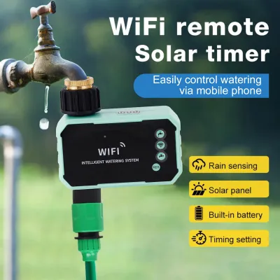 Zdjęcie produktu dla Timer do zraszaczy, solarny timer do nawadniania z obsługą Wi-Fi i zdalnym sterowaniem przez aplikację, czujnik deszczu, regulowany panel, zewnętrzny automatyczny sterownik nawadniania trawnika,
